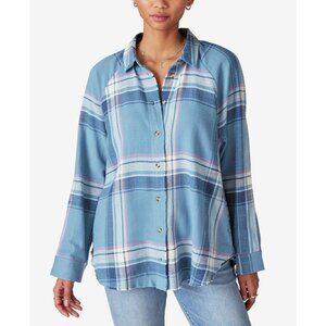 LUCKY BRAND Tunic Plaid Flannel Shirt S Blue Plaid Button Up Frayed 100% Cotton